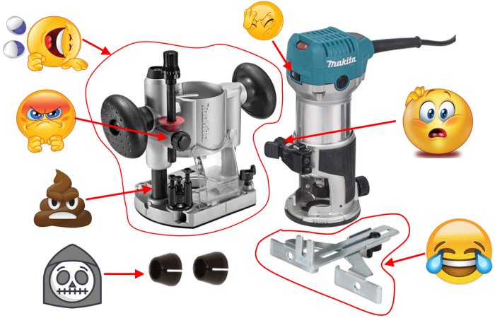 Makita 0700cx2j översållad med negativa emojis, framställande missnöje med produkten.