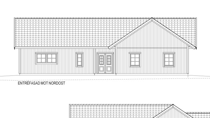 Arkitektritning av husets entréfasad mot nordost med detaljerad takstruktur och fönster.