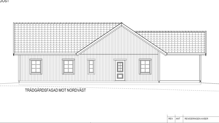 Ritning av en husfasad med tak, fönster och dörr, märkt "TRÄDGÅRDSFASAD MOT NORDVÄST".
