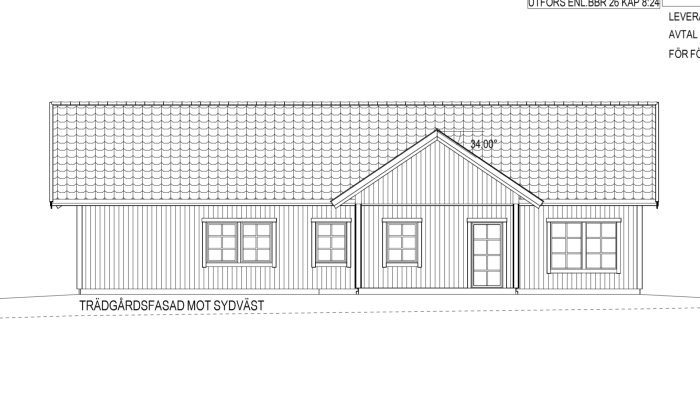Arkitektritning av en enplansvilla med trädgårdsfasad mot sydväst och måttsättning.