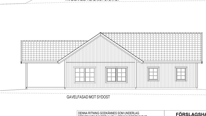 Arkitektritning av en enplansvilla med sadeltak och fyra fönster på gavelfasaden mot sydost.