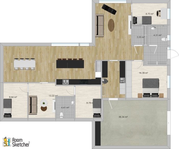 Planlösning av ett hus med integrerat garage, centralt kök och genomgående utsikt, arbetsrum och två sällskapsrum.