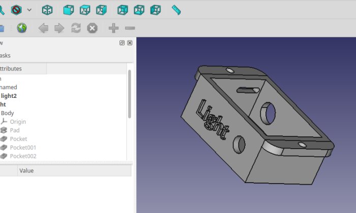 3D-modellerad design av ett specialdesignat brytarkåpa för LED-belysning med texten "Light" på sidan.