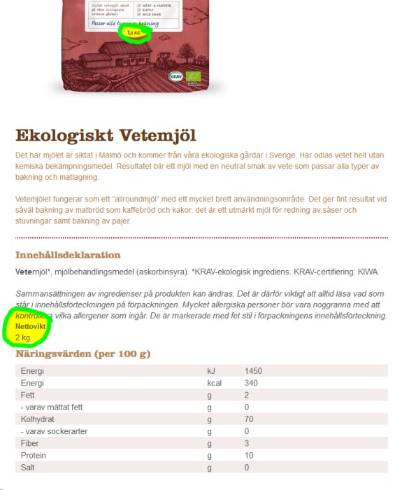 Skärmdump av webbsida med ekologiskt vetemjöl, innehållsförteckning och näringstabell med redigerade fel.