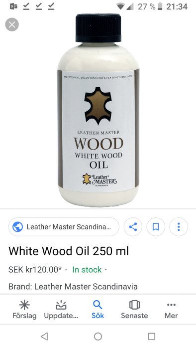 Flaska av Leather Master White Wood Oil på 250 ml för trävård.