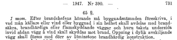 Utdrag av text från 1947 års byggnadsstadga med en paragraf om brandskyddskrav vid byggande.