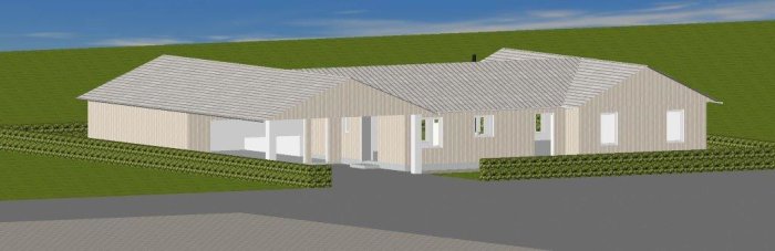3D-rendering av ett enfamiljshus med ansluten carport och garage, planerat för snözon 2.