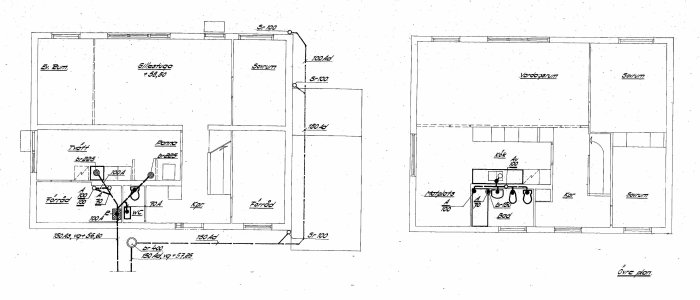 Ritning av tvåvåningshus med dimensioner, rum beteckningar och planlösning från 1969.