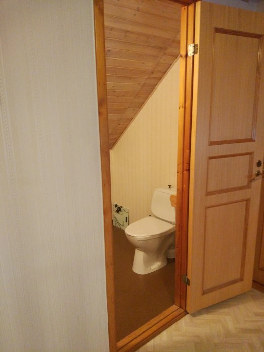 Vy genom öppen dörr till ett litet toalettutrymme med snedtak och WC.