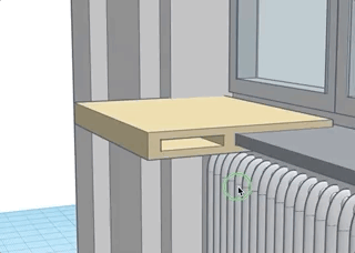 3D-modell av en enkel trähylla ovanför ett element, designad för att inte påverka fönsterbrädan.