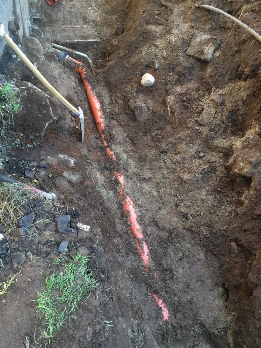 Delvis grävd dräneringsränna med ett orange dräneringsrör som går in i grunden, omgivet av jord och gräs.