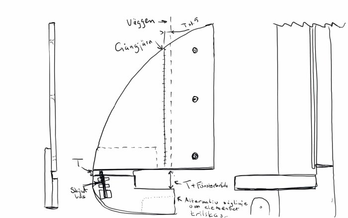 Schematisk skiss av en fönsterbänksförlängning med plyfa, gångjärn och föreslagna mått.