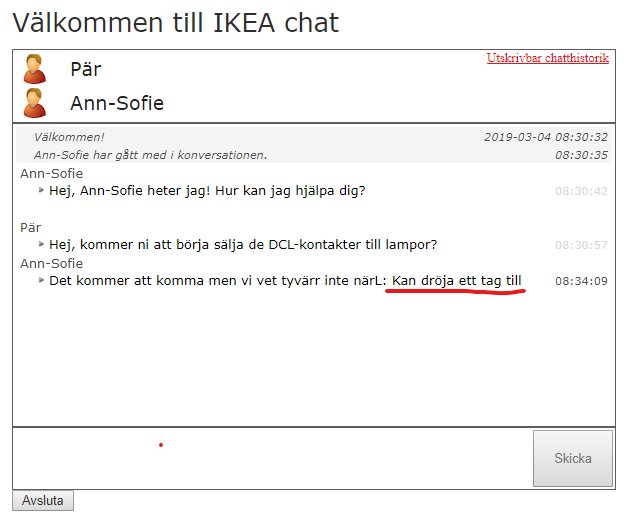 Skärmdump av en konversation i IKEA chat där en användare frågar om DCL-kontakter för lampor.