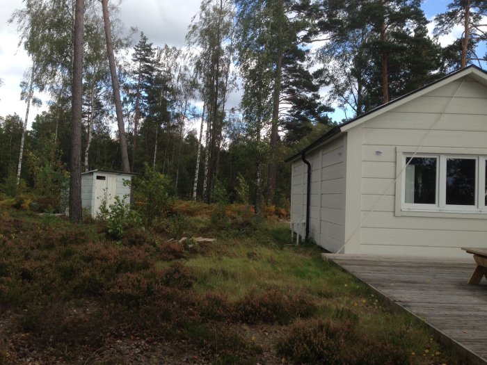 Vit sommarstuga med altan och skogsomgivning där tillbygge planeras, fotograferad 6 juni 2018.