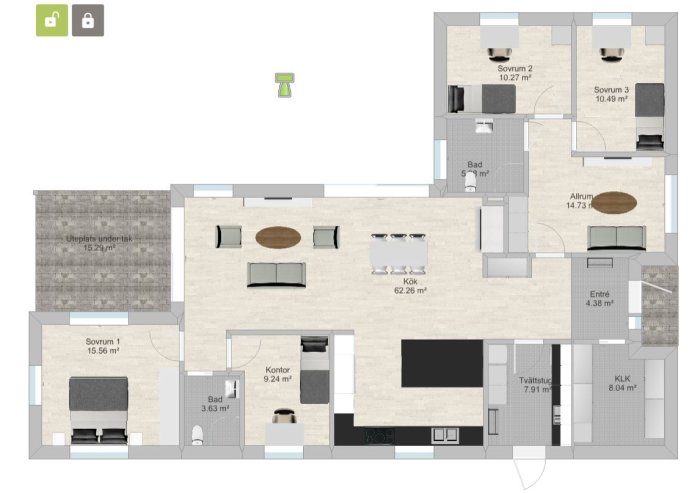 Planritning av ett hus med omorganiserade rum inklusive nytt kök, sovrum och allrum med eldstad samt garderober.