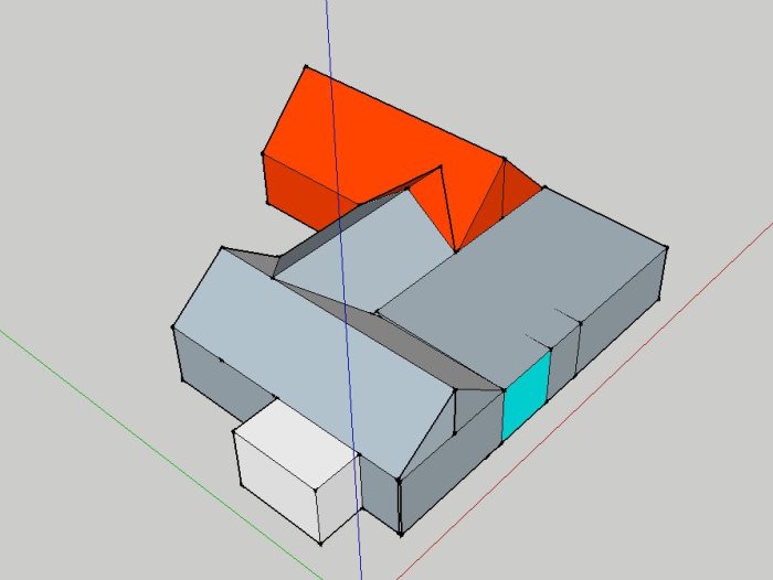 3D-skiss av ett hus med olika byggnadsvolymer i grått och kringbyggnad i orange.