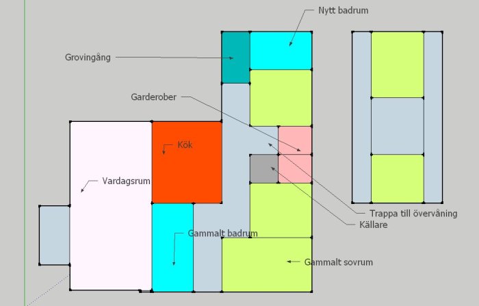 Planritning med olika färgade områden som representerar rum, inklusive kök, vardagsrum, sovrum och badrum.