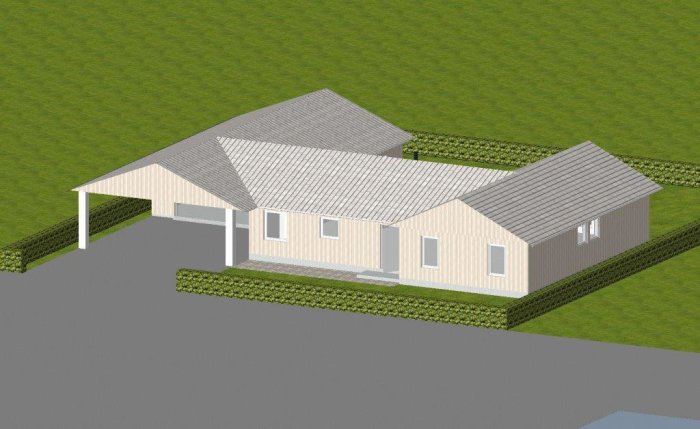 3D-rendering av ett enfamiljshus med taköverhang och markerad plats för balk.