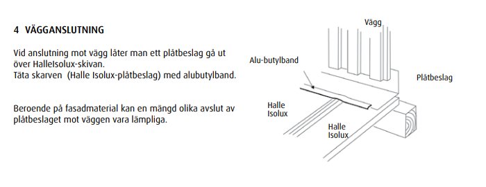 Illustration av vägganslutning med Halle Isolux skiva, plåtslag och alu-butylband vid takinstallation.