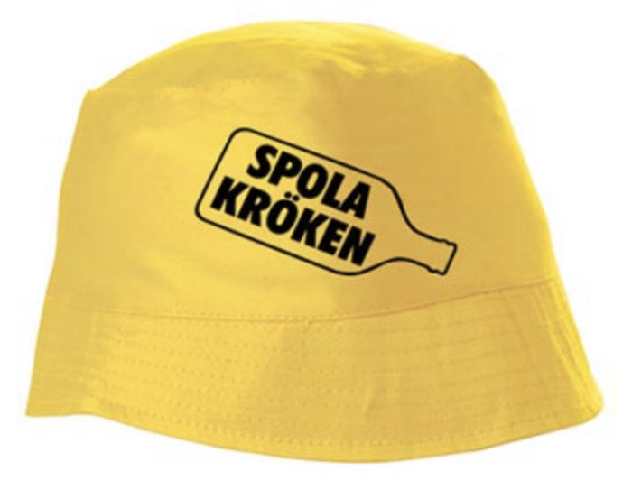 Gul bygghjälm med texten "SPOLA KRÖKEN" och bild av en flaska.