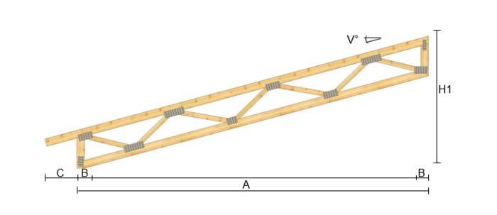En teknisk ritning av en trä takstol med märkningar för dimensioner.