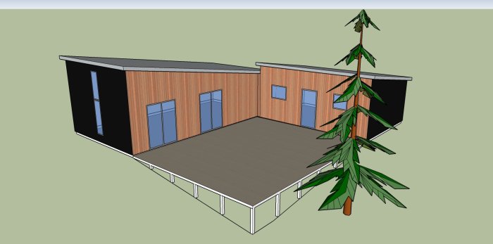 3D-rendering av ett modernt enplans fritidshus i vinkel med svart och träfärgad fasad och pulpettak, bredvid en illustrerad tall.