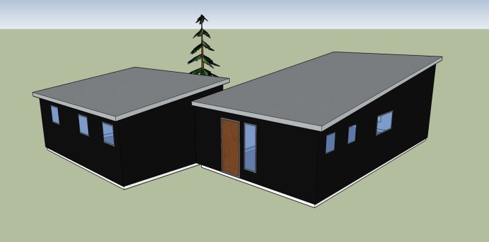 3D-rendering av ett modernt fritidshus i vinkel design med svart träfasad och pulpettak mot en enkel bakgrund.