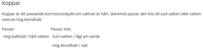Textdokument om koppar som korrosionsskydd för vatten med hög kalkhalt och kloridhalt.