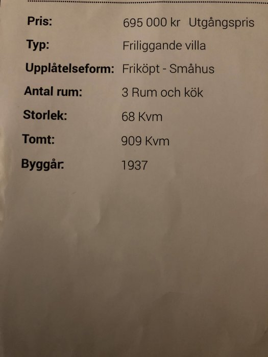 Bilaga med husinformation: pris, typ, upplåtelseform, rum, storlek, tomt, byggår från 1937.