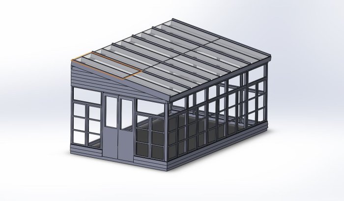 3D-modell av en konstruktion med mörkbränd yta, illustrerande Shou Sugi Ban-tekniken på fururegler och panel.