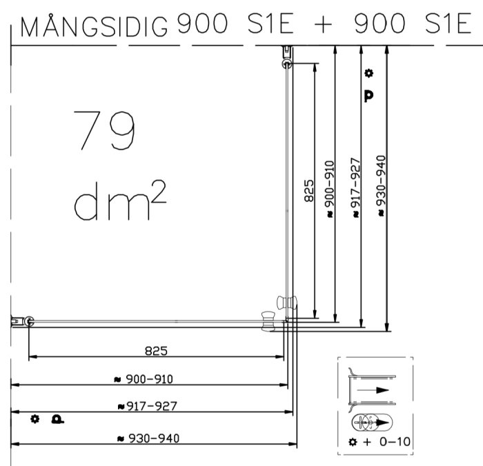 Teknisk ritning av duschdörrar med måttangivelser för installation, visar olika vyer och detaljer.