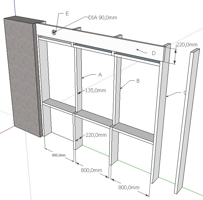 Schematisk bild av regelvägg med avväxling och planerade fönsteröppningar, inklusive måttangivelser.