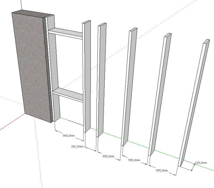 3D-skiss av regelvägg med markerade platser för nya fönster och måttangivelser.