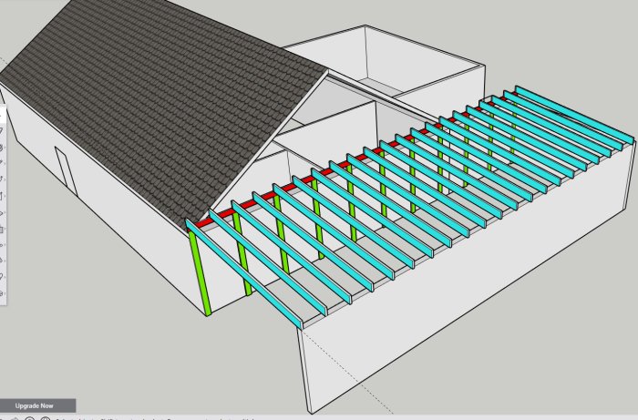 3D-skiss av anslutande pulpettak till ett hus med sadeltak, visar gröna reglar, röd bärlina och blå limträbalkar.