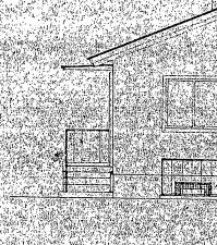 Svartvit ritning av äldre entretak på 1950-tals hus i pulpetstil.