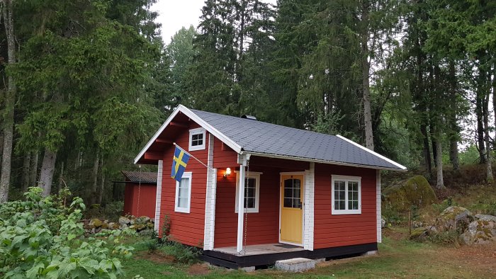 Rött trätorp med shingeltak, omgivet av grönska och svensk flagga, utan solcellspaneler.