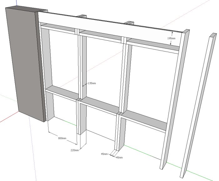 3D-skiss av en väggsektion med måtten angivna, inklusive dubbla reglar och en 195mm balk överst.