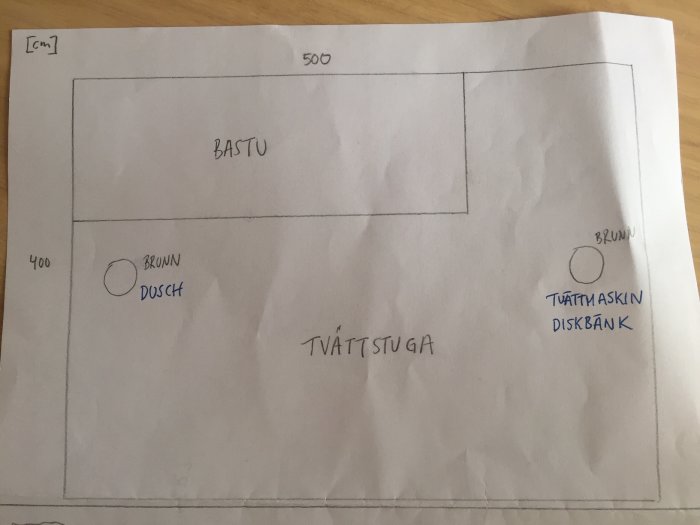 Handritad skiss av badrumsplan med bastu, dusch, tvättstuga, och brunner.