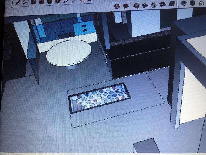 3D-skiss av ett kök med en planerad vinkällare synlig genom en glaslucka i golvet.