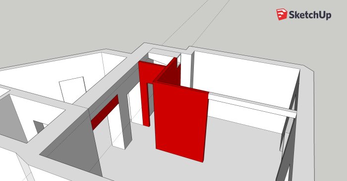 3D-skiss av en lägenhets planlösning med markerad röd ventilationskanal.