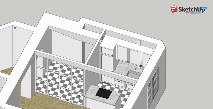 3D-skiss av en lägenhets planlösning med kök och ventilationsväg.