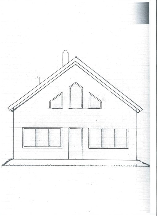 Ritning av en husfasad med sex fönster och en dörr framifrån, inklusive tre nockfönster.