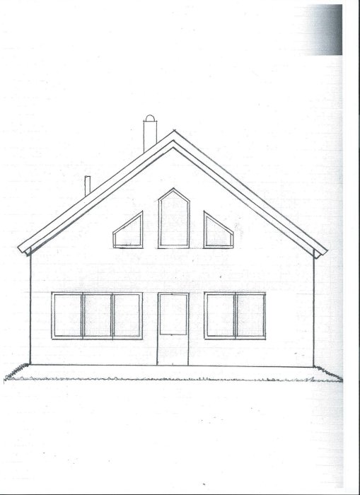 Ritning av husfasad med tre lika fönster på vardera sida om dörren och tre nockfönster ovanför.