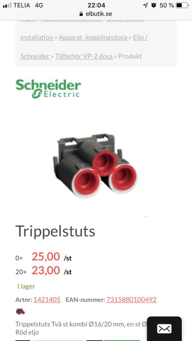 Schneider trippelstuts med tre röda anslutningar och svart ram på en produktwebbsida.