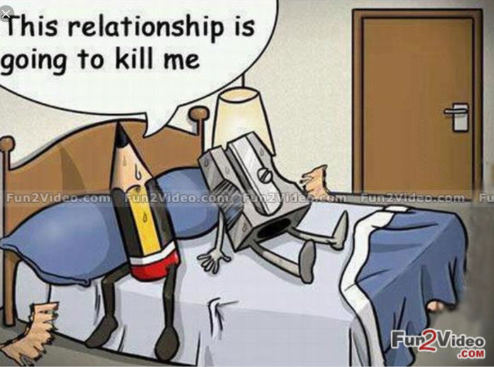 Illustration av två ritade glödlampor i en säng, en ligger nere med textbubbla "This relationship is going to kill me