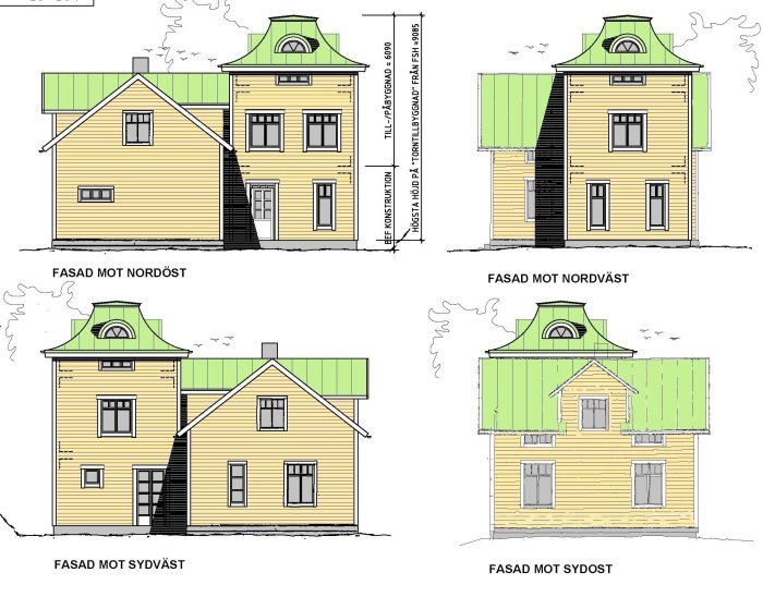 Fasadritningar som visar en gul villa från fyra vinklar med tillbyggnad och grönt tak.