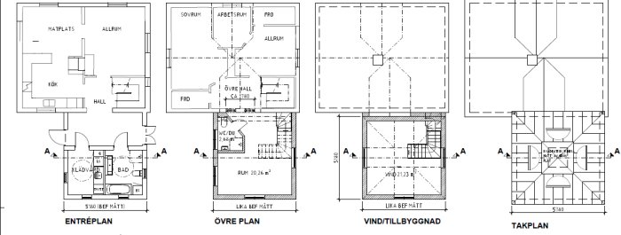 Arkitektoniska ritningar och planlösningar för en flervåningsbyggnad inklusive entreplan, övre plan, vindstilbyggnad och takplan.