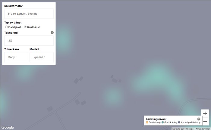Skärmdump av täckningskarta visande 3G-signalstyrkor runt Laholm, Sverige, med användargränssnittet synligt.