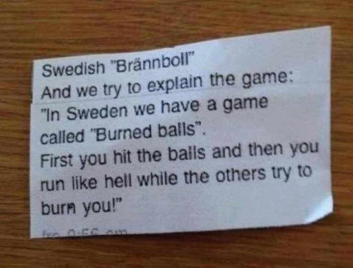 Lapp med text om det svenska spelet "Brännboll" med en rolig översättning till engelska.