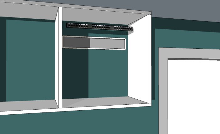 Illustration av ett öppet infällt mediaskåp i vägg för nätverksutrustning.